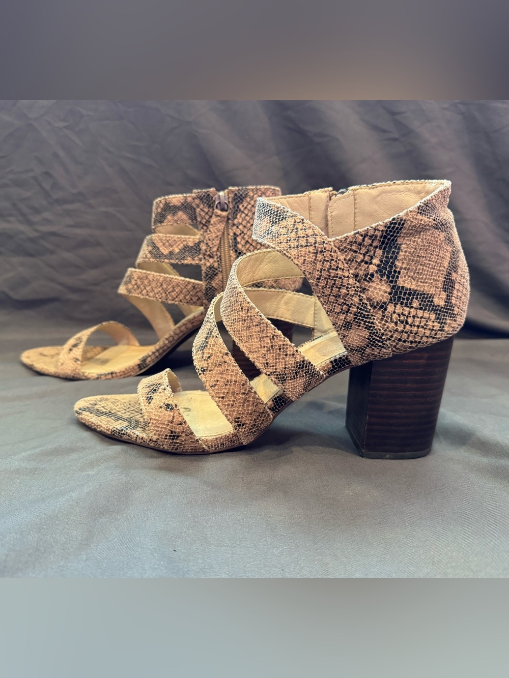 Snakeskin Strappy Block Heel Sandals - Taupe Snake Print Sz 9.5